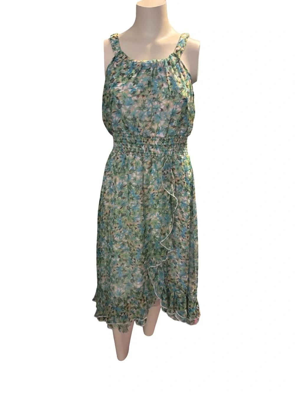 Cato Blue-Green Floral Smocked Midi Dress with Ruffle Trim